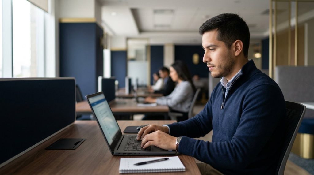 Hombre respondiendo una prueba en su computadora portátil en una oficina — pruebas psicométricas en línea