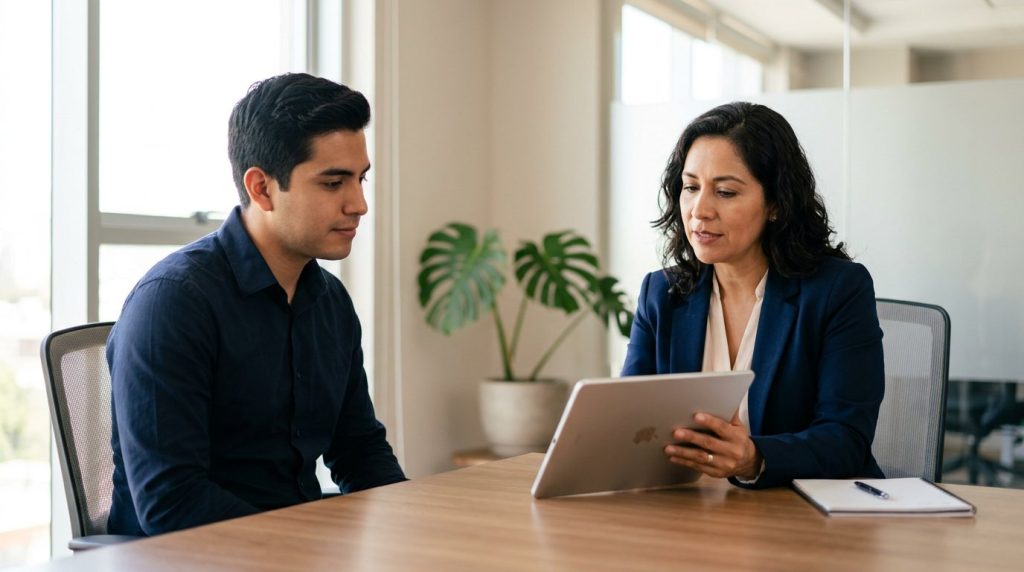 Dos profesionales revisando juntos un informe en una tableta — test de liderazgo en línea